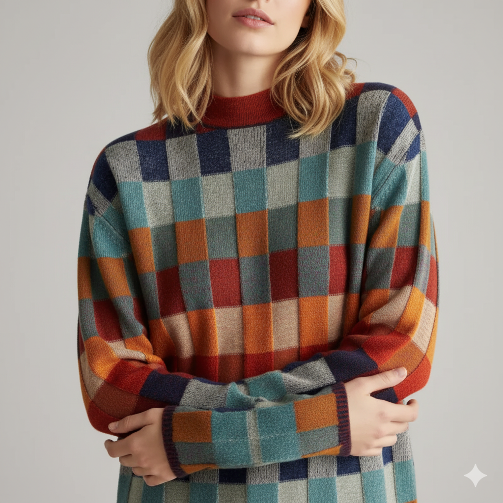 Kobiecy golf z wywijanym kołnierzem w stylu patchworkowym