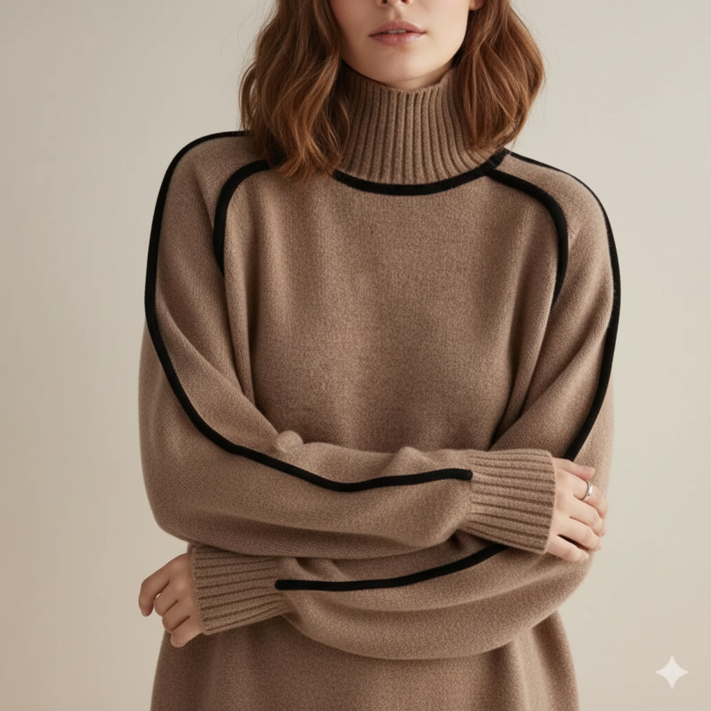 Damski sweter z golfem i kontrastowymi przeszyciami w stylu oversize