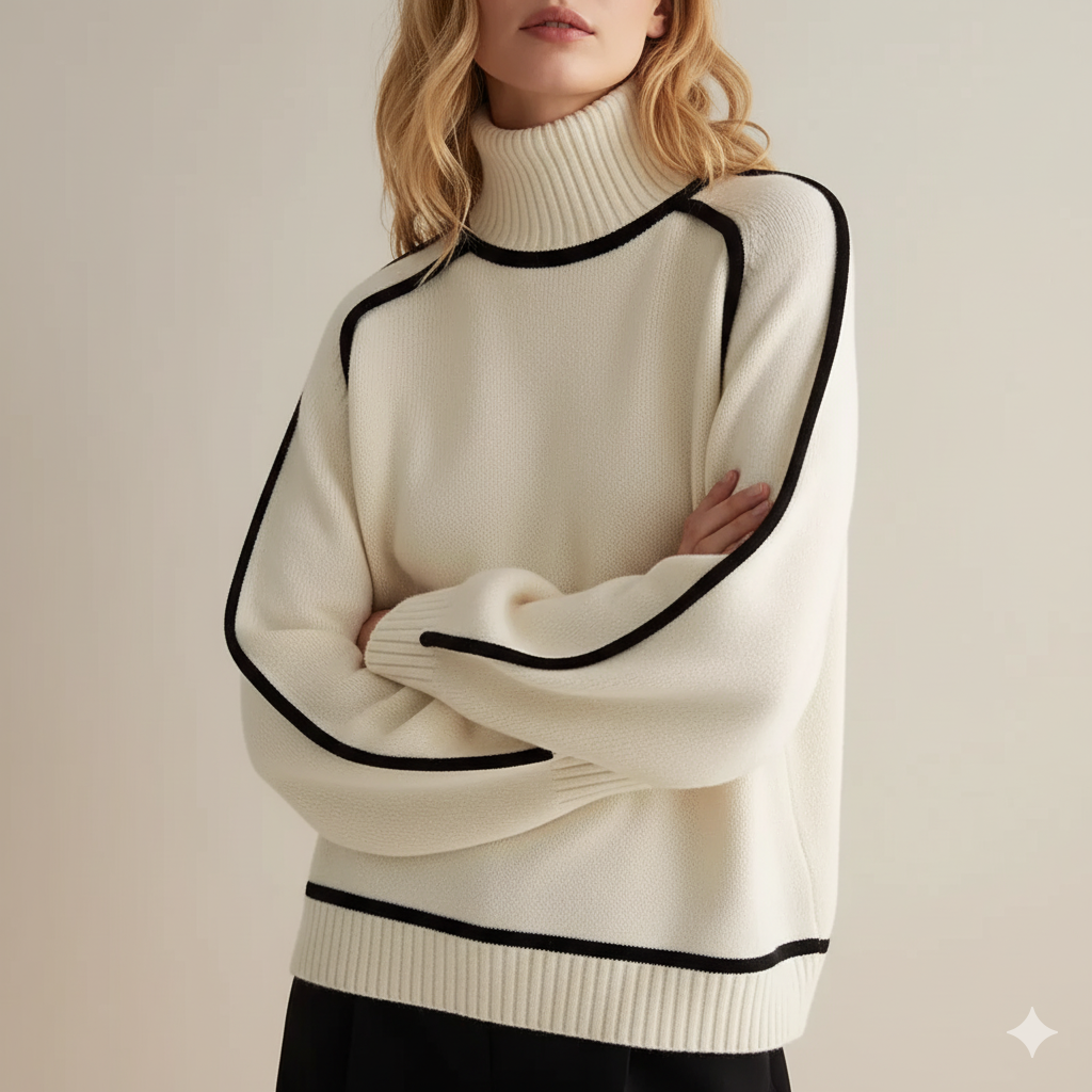 Damski sweter z golfem i kontrastowymi przeszyciami w stylu oversize