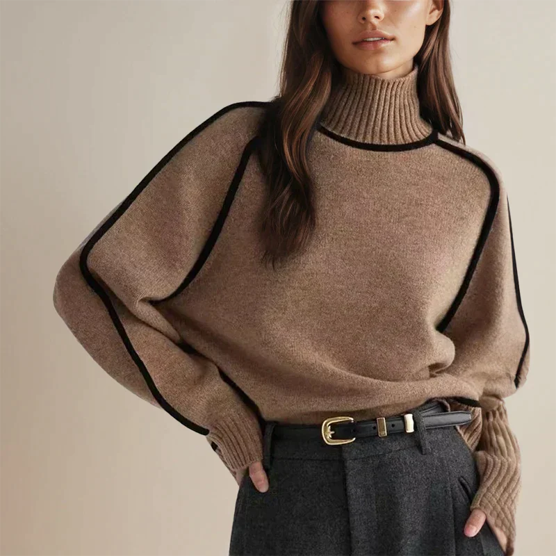 Damski sweter z golfem i kontrastowymi przeszyciami w stylu oversize