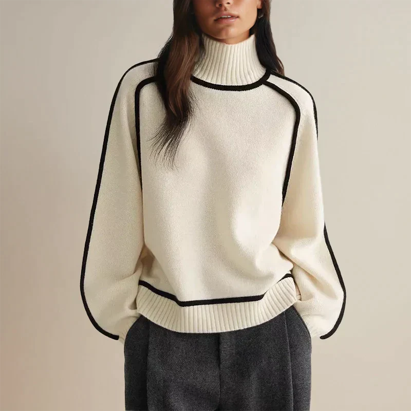 Damski sweter z golfem i kontrastowymi przeszyciami w stylu oversize