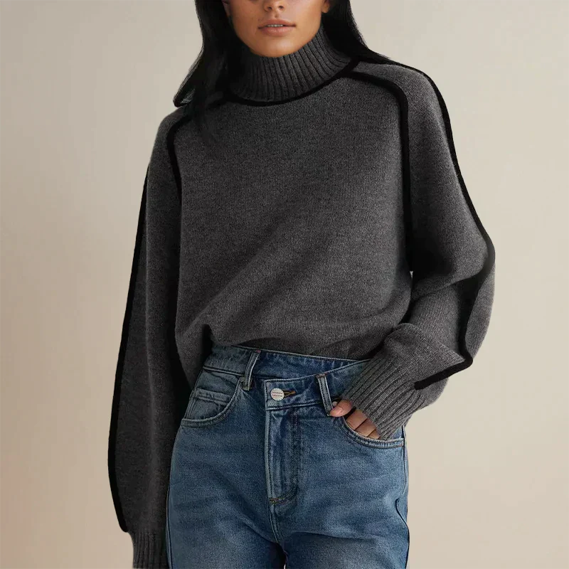 Damski sweter z golfem i kontrastowymi przeszyciami w stylu oversize