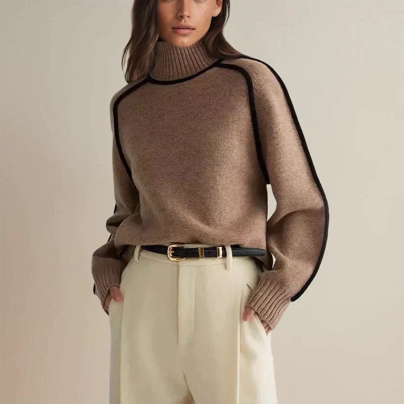 Damski sweter z golfem i kontrastowymi przeszyciami w stylu oversize